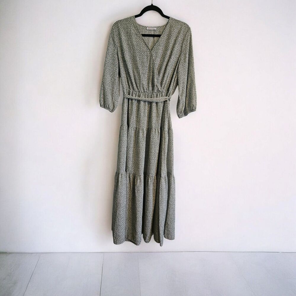 Kirundo Womens Green Tiered Midi Dress SZ L Balloon Sleeves V-Neck Cottage Core
